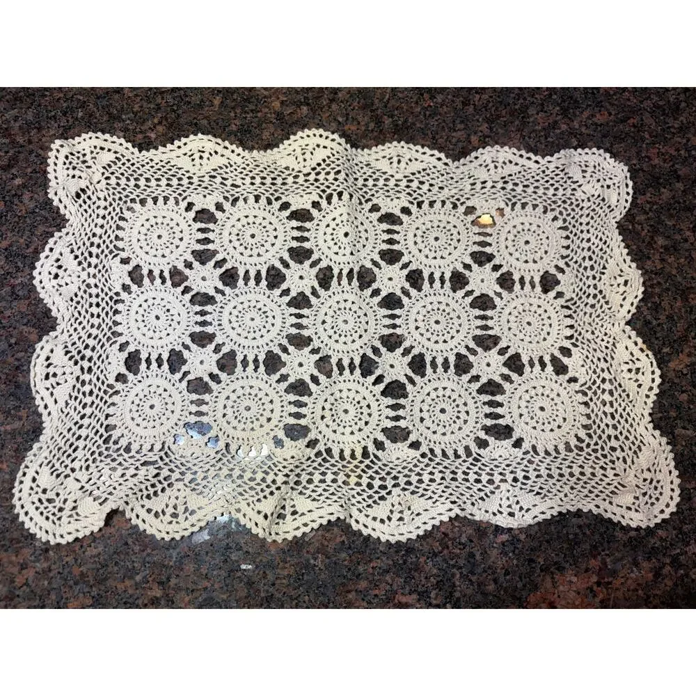 Vintage Handmade Crochet Rectangle Doily Cream 17
